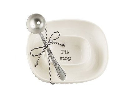 Mud Pie Spoon Circa Olive Tidbit Set - 2-Piece Ceramic Bowl & Silverplate Utensil For Serving Snacks - Bowl 2 3/4" X 5" Dia, Utensil 4 1/2"